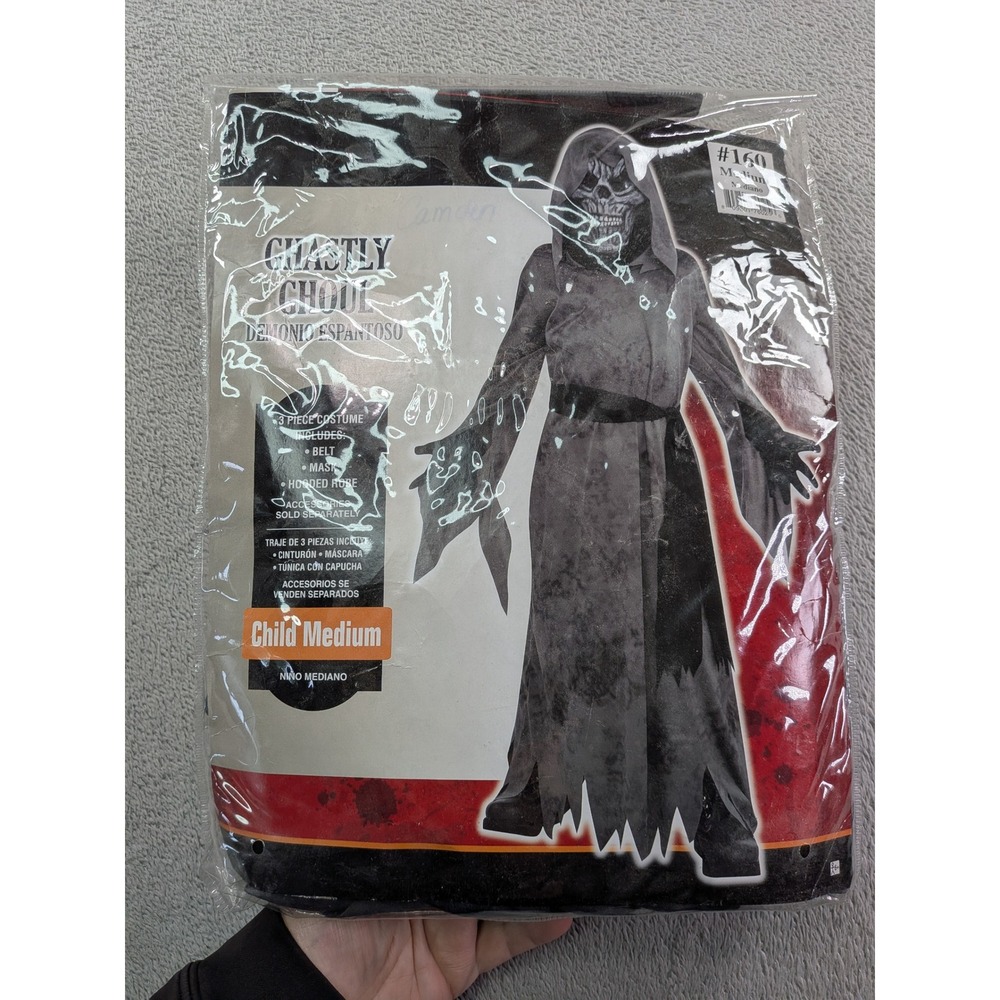 Amscan Ghastly Ghoul Costume Kids Medium 8-10 Grey Hooded Robe Mask Belt 3pc Set